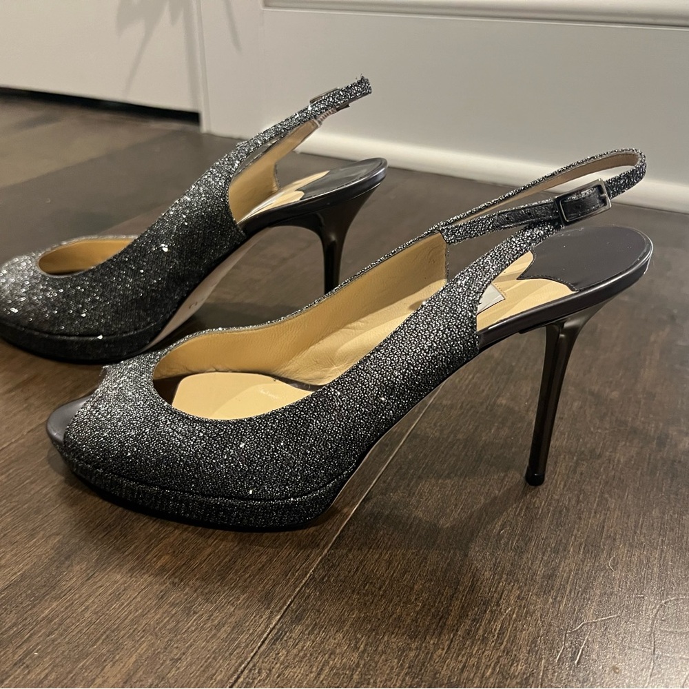 JIMMY CHOO-Nova Anthracite Glitter Peep-Toe Slingback.